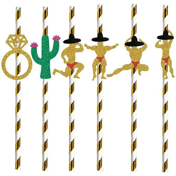 Bachelorette Party Decorations Straws 12 Pack | Cactus & Bridal Ring & Stripper Dancing Men Straws | Mexican Fiesta Party Drinking Favors