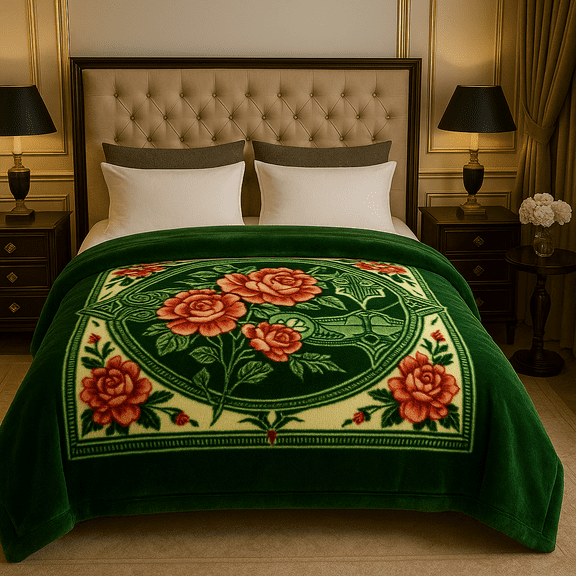 Shubozy Fleece Blanket King Size 85" x 95", 10 lb Heavy Korean Style Mink Blanket, 2-Ply Reversible, Soft & Warm, Unique Green Floral Design