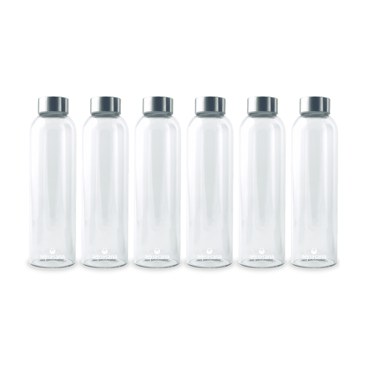 Glass Water Bottles 6-Pack Set Clear w/ BPA-Free Plastic Lids Refillable 18 oz 