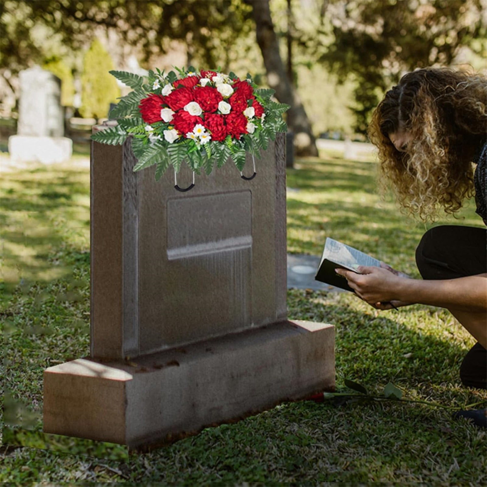 Mums Roses Arrangement, Memorial Flower Saddle, UV Resistant Headstone Flowers, Cemetery Floral Saddle, Artificial Grave Bouquet, Memorial Day Floral Decor, Realistic Cemetery Blooms