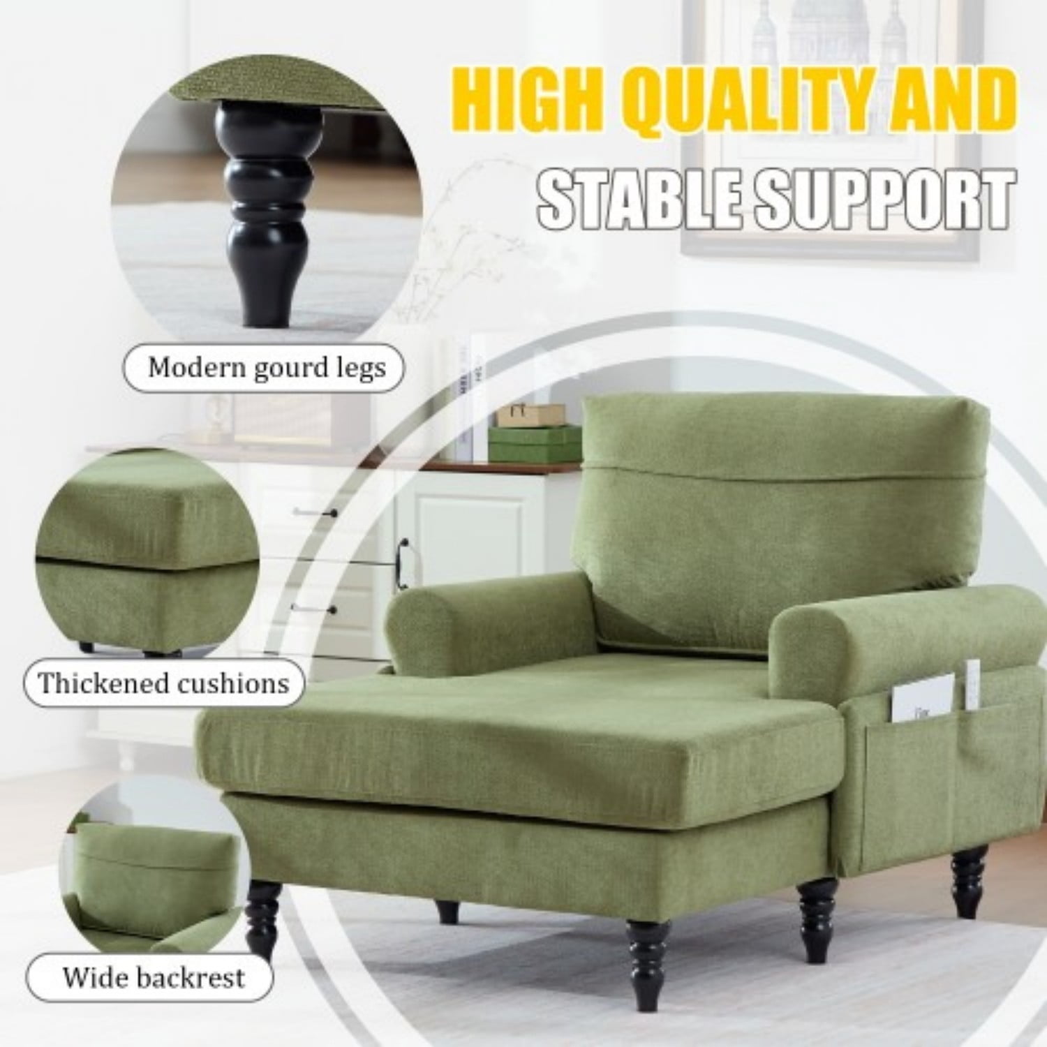 Chenille Chaise Lounge Chair, Oversized Upholstered Recliner Sofa with Wide Seat, High Density Foam Backrest, Solid Wood Legs & Side Pockets for Living Room, Bedroom, Office, Olive Green