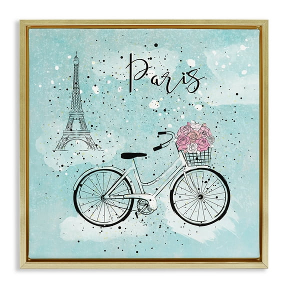 Stupell Industries Paris Floral Bicycle Town & City Painting Gold Floater Framed Art Print Wall Art, 18 x 18