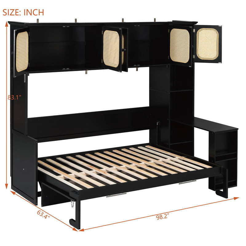 Full Size Murphy Bed with Desk and Open Shelf, Space-Saving Wall Folding Platform Bed Frame with Rattan-Door Cabinets