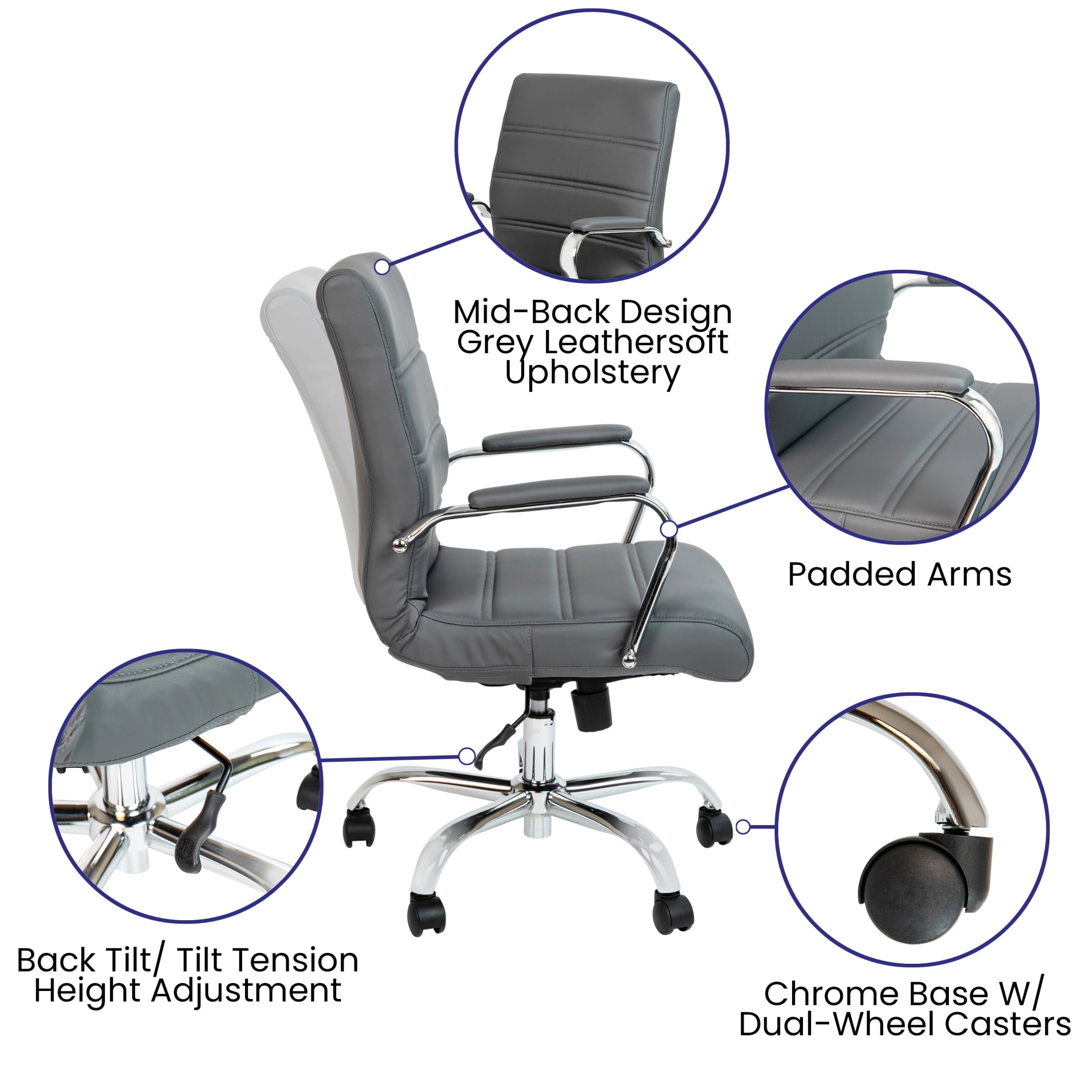 Flash Furniture Whitney Mid-Back Gray LeatherSoft Executive Swivel Office Chair with Chrome Frame and Arms