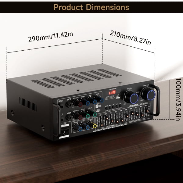 VIPQV 2500W Stereo Audio Amplifier, 2 Channel Bluetooth 5.0 Home Theater Power Amplifier with FM Radio, USB, SD, Amplifier for Passive Speakers and Active subwoofer
