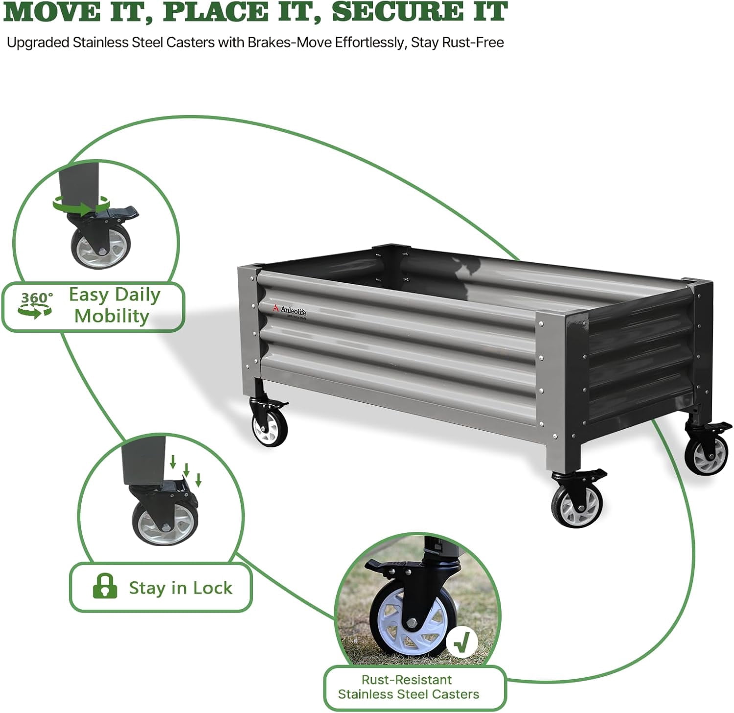 A ANLEOLIFE Low Profile Elevated Garden Bed 4ft x 2ft - 22in Raised Planter Box with Legs with Stainless Steel Casters, Extra Spacious for Balcony, Patio, 600lb Capacity, Quartz Grey