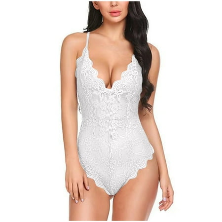 One Piece Lingerie for Women Deep V Teddy Sexy Lace Bodysuit Snap Crotch Babydoll Nightwear Nightgown