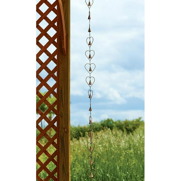 Flamed Copper Heart and Bell Rain Chain for Garden, Backyard, Patio and Outdoors
