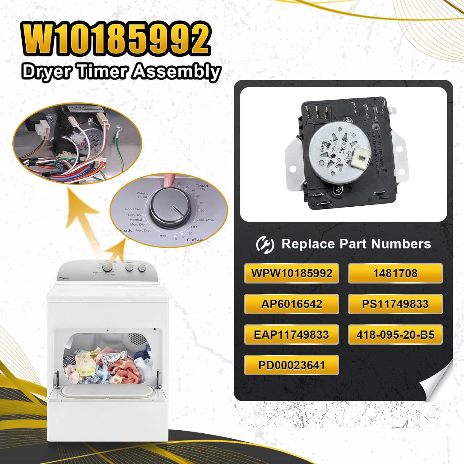 Aniceparthy W10185992 WPW10185992 Dryer Timer Compatible with Whirlpool Maytag Kenmore Crosley Dryer, Replacement Part 1481708 AP6016542 PS11749833 EAP11749833 418-095-20-B5 PD00023641