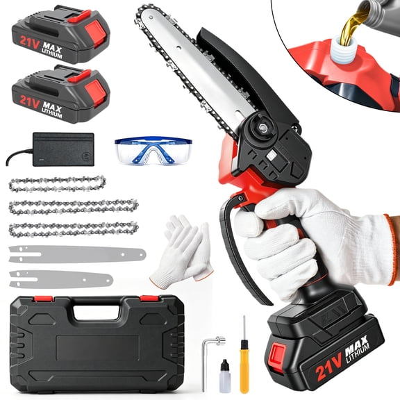 BAOKALER Mini Chainsaw, 4 & 6 inch Handheld Electric Chainsaw with 2×2.0Ah Batteries and 3 Chains for Tree Trimming Wood Cutting, Red