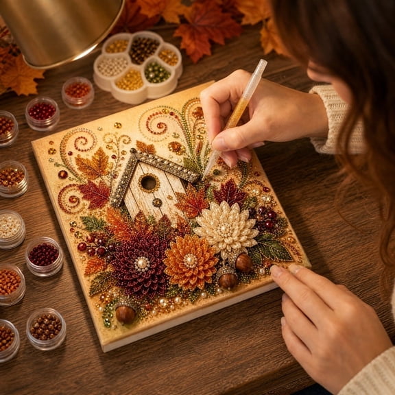 Autumn Wildlife Harvest Pearl Diamond Painting Kit, 7.87 Inch Fox Squirrel Pumpkin Sunflower Floral Partial Drill Canvas, Beginner Fall Home Wall Decor