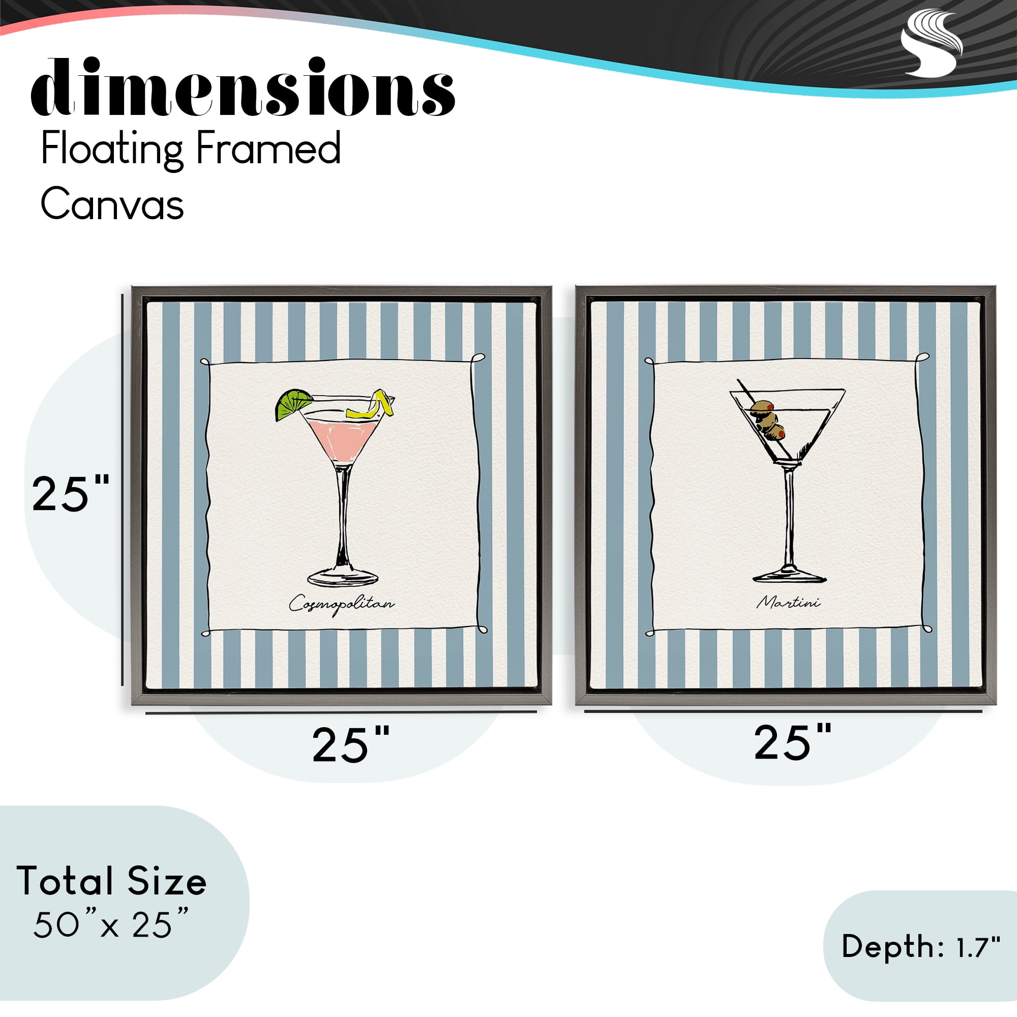 Stupell Industries Summer Drinks on Stripes 2 Piece Gray Framed Floater Canvas Set, design by Susan Jill