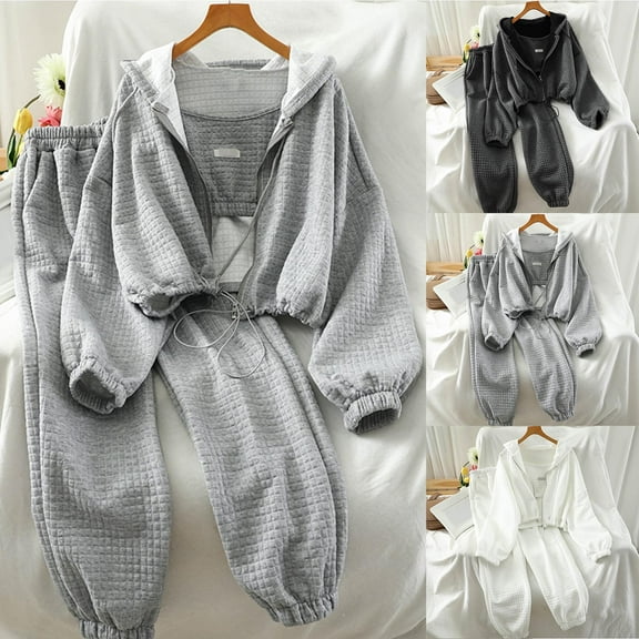 Brondbend Matching Sweat Set Pullover Hoodies for Women Long Sleeved Zipper Pullover Solid Suspenders Elastic Waist Jogger Outfits Fashion Loose Tracksuits Party Fall Winter Sets Dark Gray