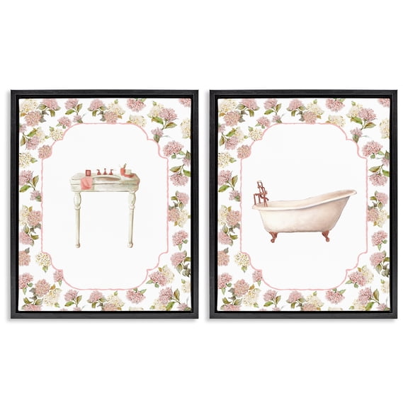 Stupell Industries Elegant Hydrangeas Bathroom 2 Piece Black Framed Floater Canvas Set, design by Carol Robinson