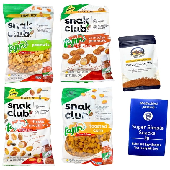 Snak Club Tajin Seasoned Nuts & Snacks Variety 4-Pack | Peanuts, Crunchy Peanuts, Fiesta Snack Mix & Toasted Corn | MerlinsMart Zine & Shawhan Farms Chamoy Sauce Mix