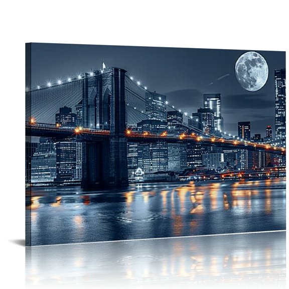 Shadudu - Large Size Brooklyn Bridge Canvas Wall Art,Moon Night New York City Scene Picture Print on Canvas, Wrapped,Modern Home and Office Decoration 36x24in