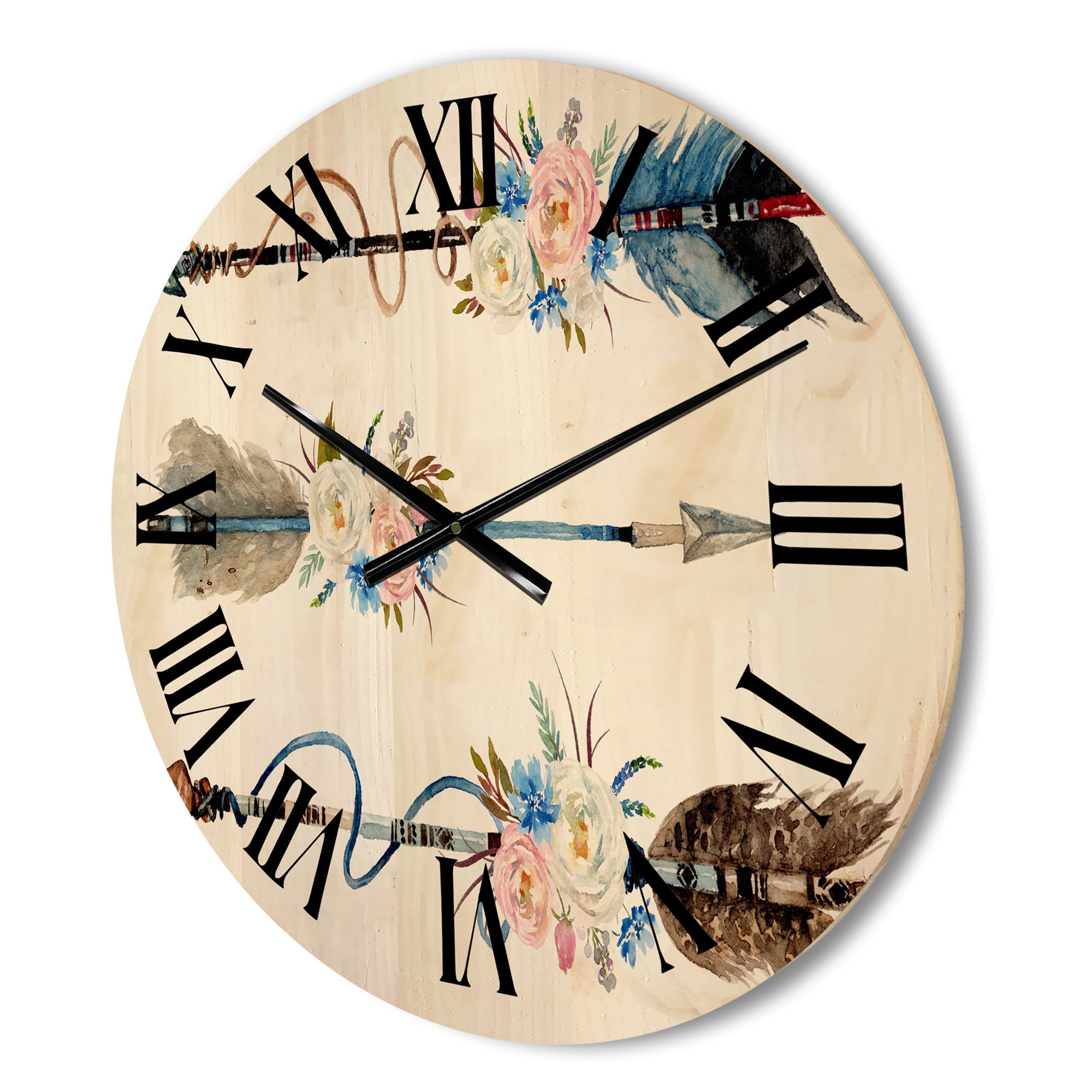 Designart 'Flowers and Ethnic Feathers On Native Arrows I' Bohemian & Eclectic Wood Wall Clock