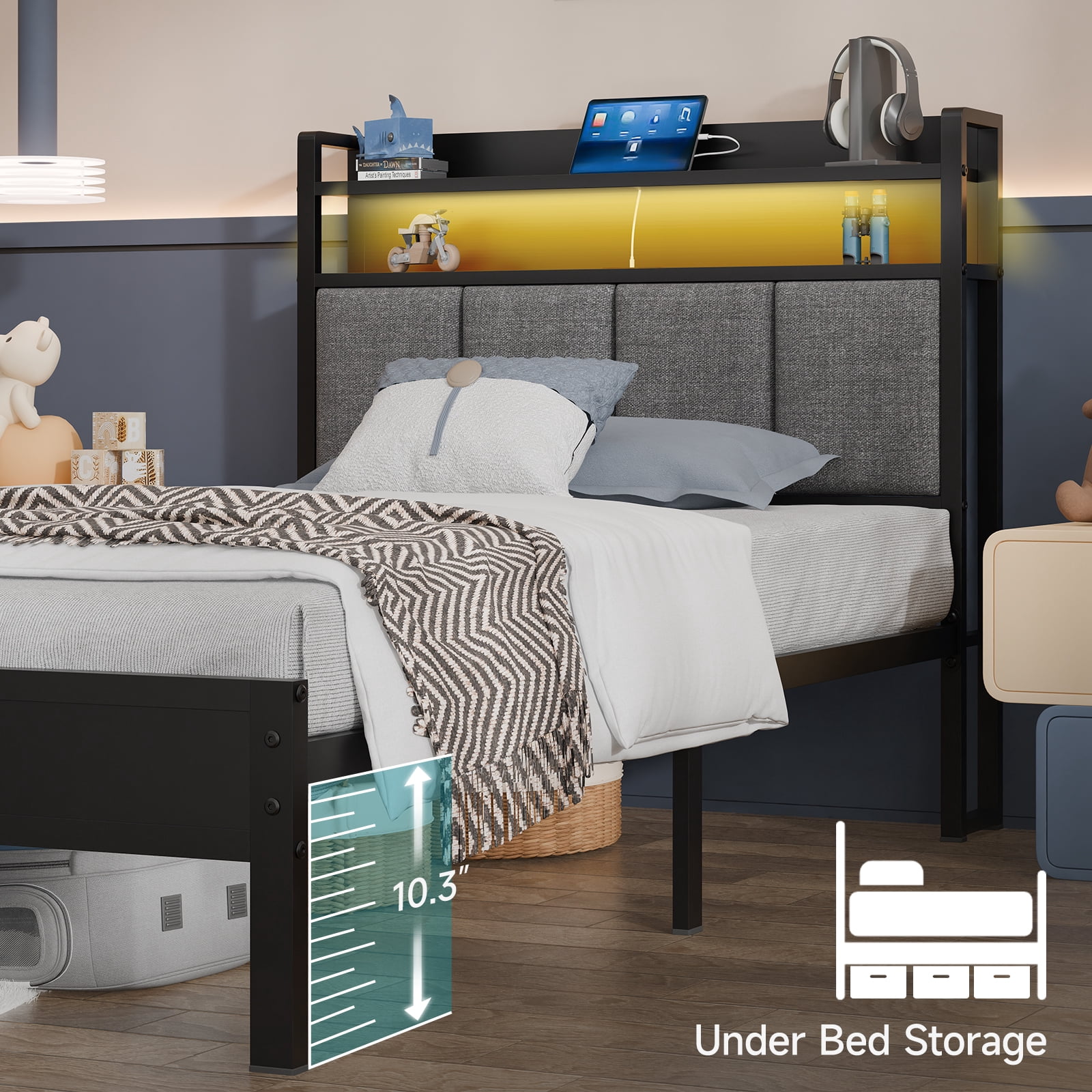 Z-hom Storage Metal Platform Bed Frames with LED Light, Twin