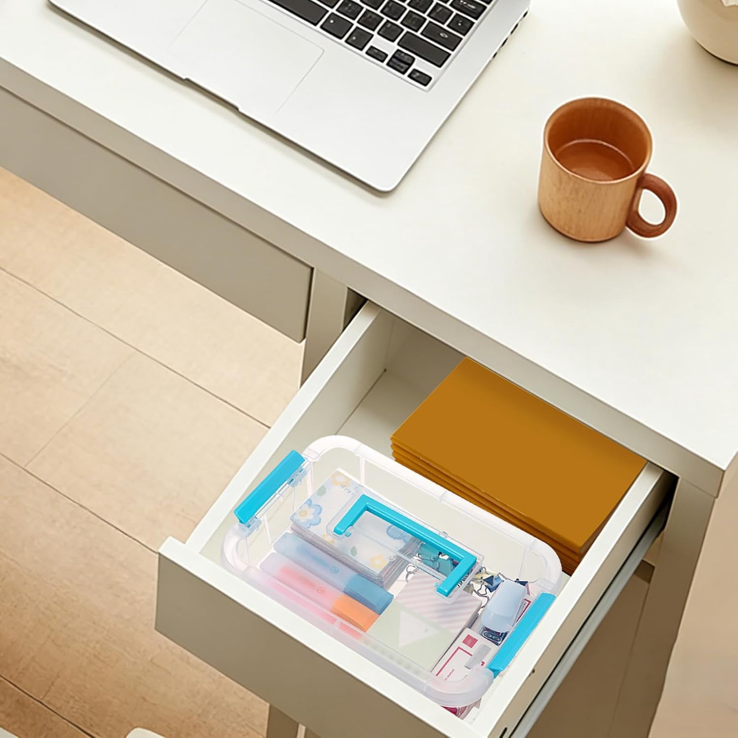 Clear Plastic Storage Box, Portable Organizer Container with Blue Handle, Stackable Storage Bin for Office Home, Multi-Use Container Box with Lid for Stationery Jewelry Craft Sewing Supplies