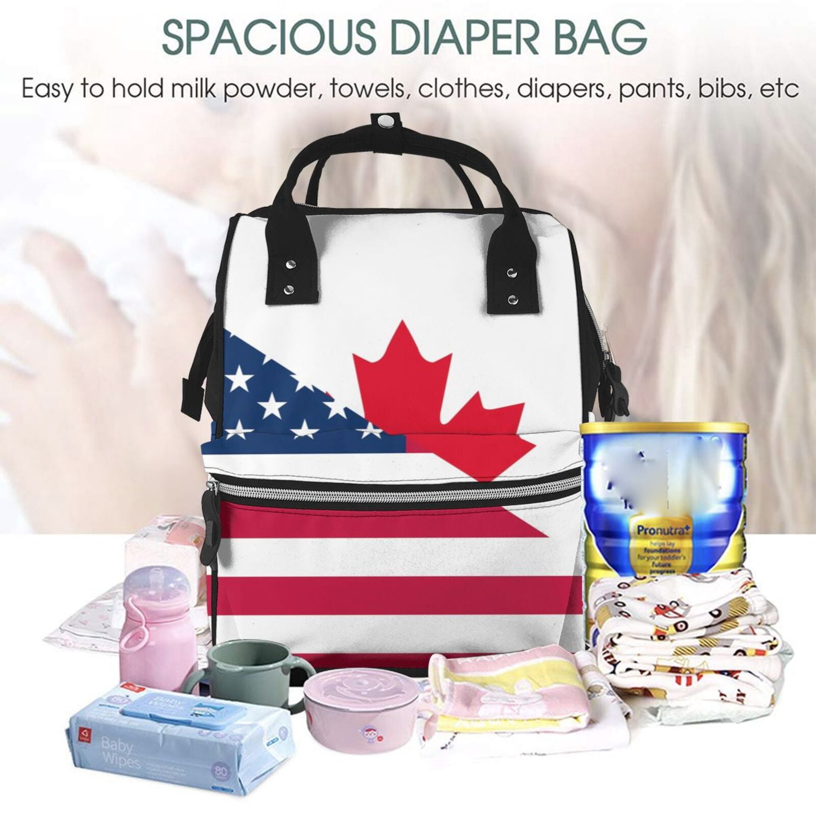 Ratiio USA Canada Flag Mummy Backpack - Waterproof Twill Canvas, Large Capacity Diaper Bag with Multiple Pockets and Adjustable Straps