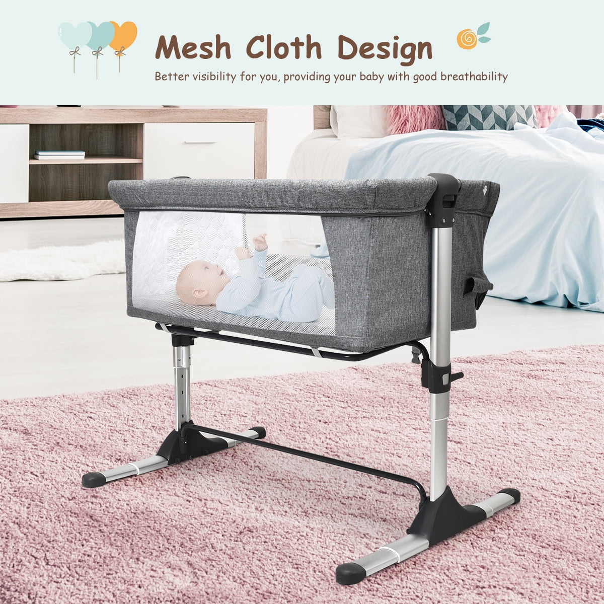 Costway Baby Playard Bassinet Bed Side Crib Infant Sleeper Breathable Mesh with Carrying Bag Gray