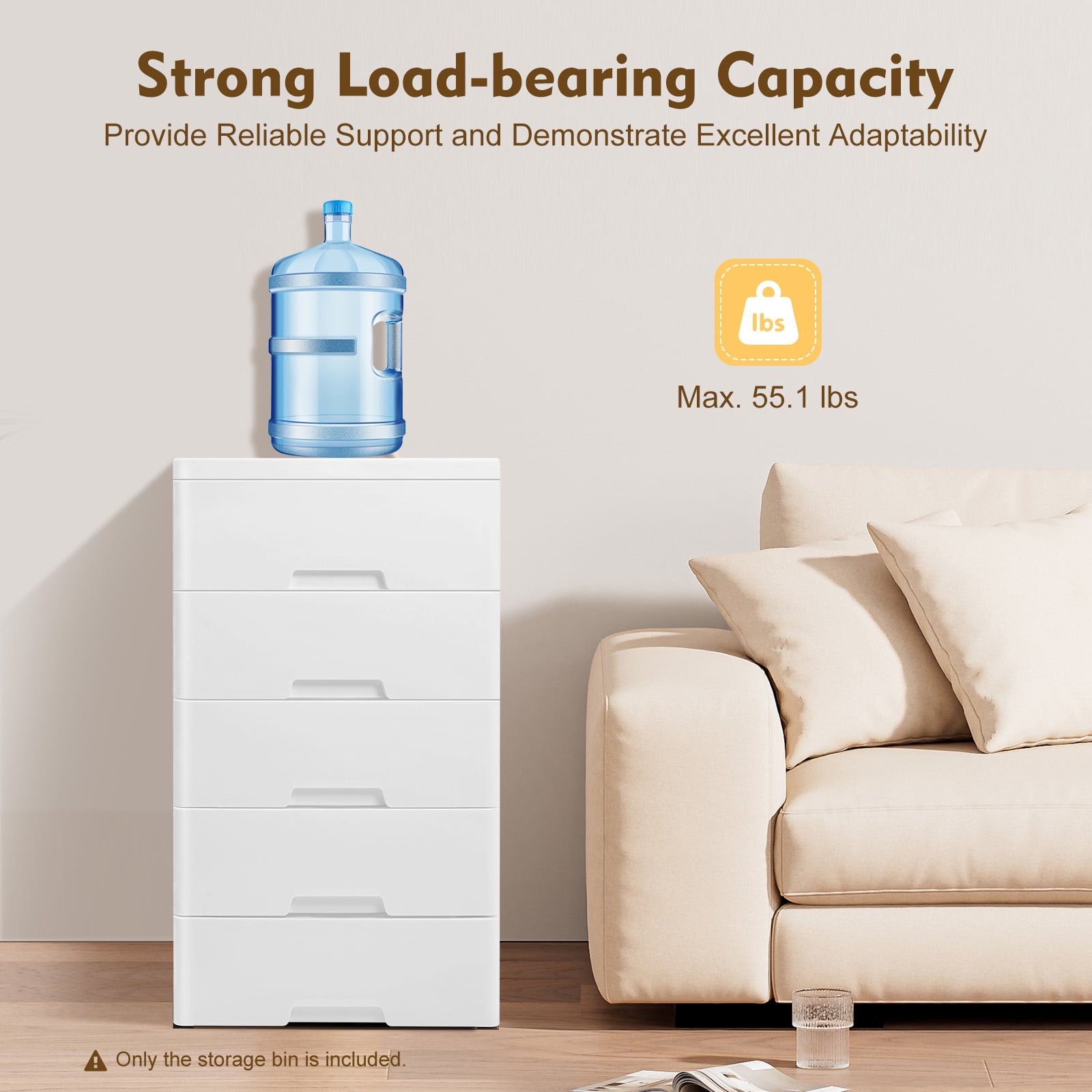 ChicHomey 5 Tier Plastic Drawers Dresser with 5 Drawers,Rolling Storage Cabinet 4 Casters,White Modern Home Organization for Bedroom/Living Room/Children's Room​