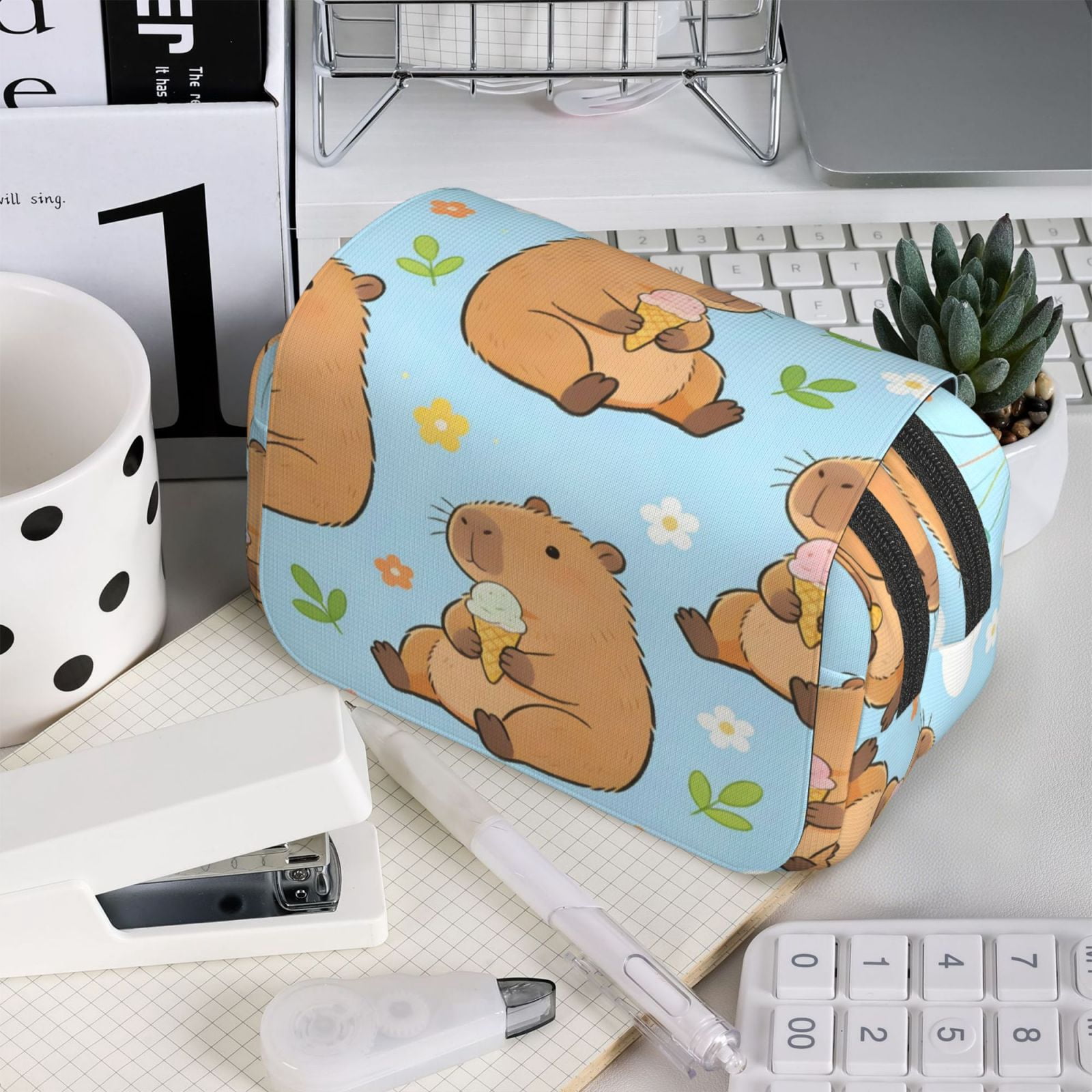 Large-Capacity Flip-Top Double-Layer Pencil Case, Multi-Functional Pocket Pen Case, Durable Stationery Organizer Cute Capybara Flower Balloon Blue Background