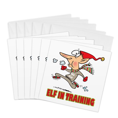 3drose, Silly Santa Elf in Training Jogging, 6 Greeting Cards with Envelopes