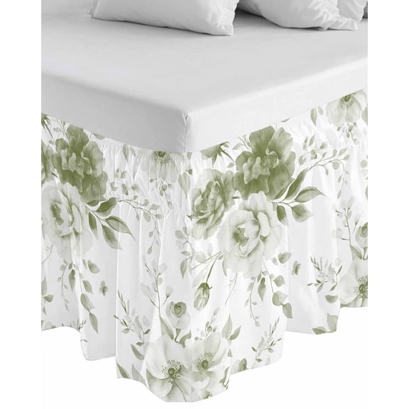 Sage Green Flower Wrap Around Bed Skirts for King Bed 18" Drop,Bed Skirt with Adjustable Elastic Belt Dust Ruffle Bed Valance for Bedroom Hotel Luxury Watercolor Gradient Retro Floral Bed Frame Cover