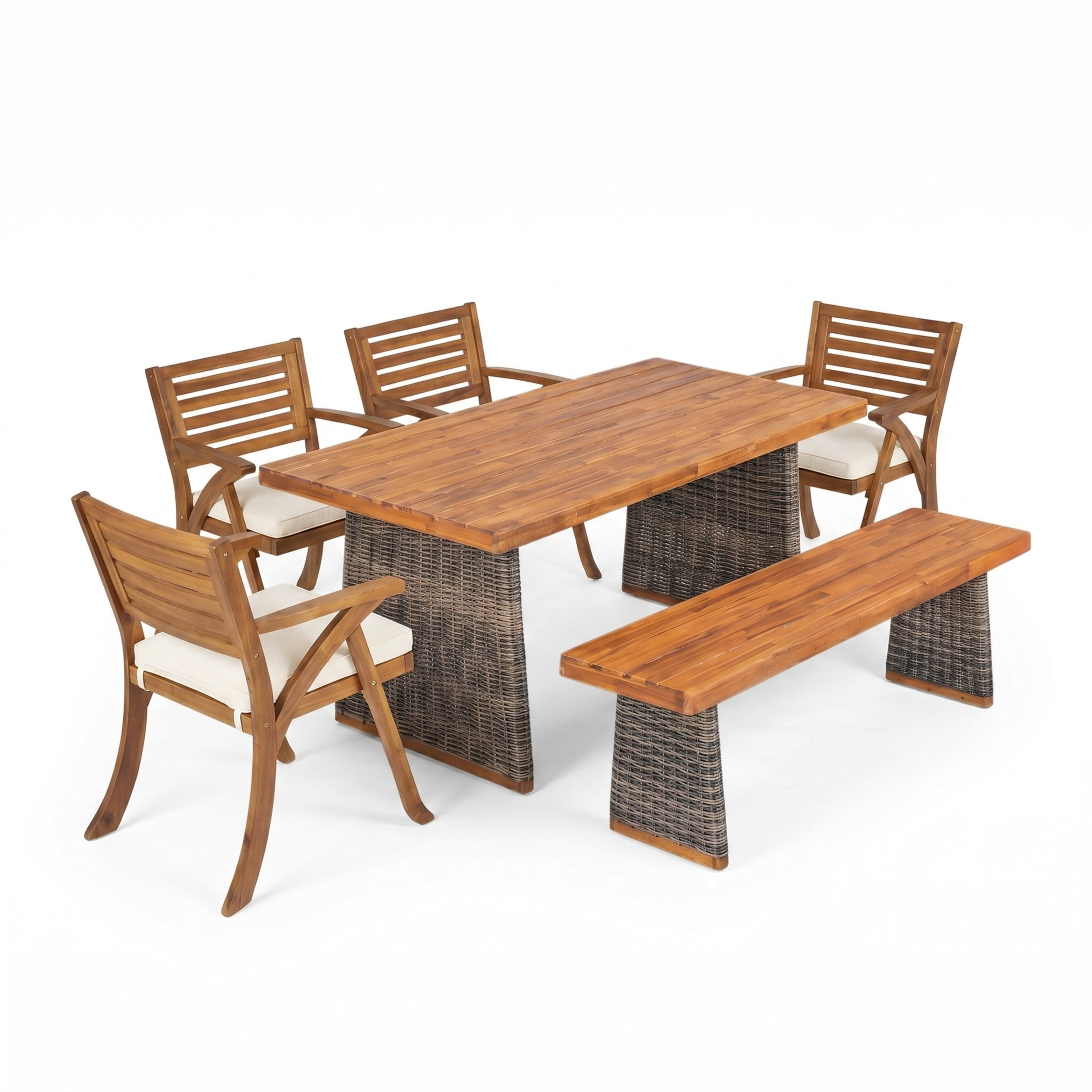 Christopher Knight Home 6-Piece Outdoor Dining Table with Bench and Chairs, Gray Wicker Legs, Cream Cushions