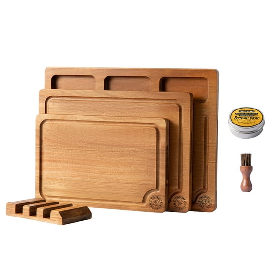 Setkolu Acacia Wood Cutting Board Set,Thick Wooden Cutting Board for Kitchen with Holder,Chopping Board with Deep Grooves&Built-in Handles, Wooden Charcuterie Board Trays for Meat,Fruit,Cheese