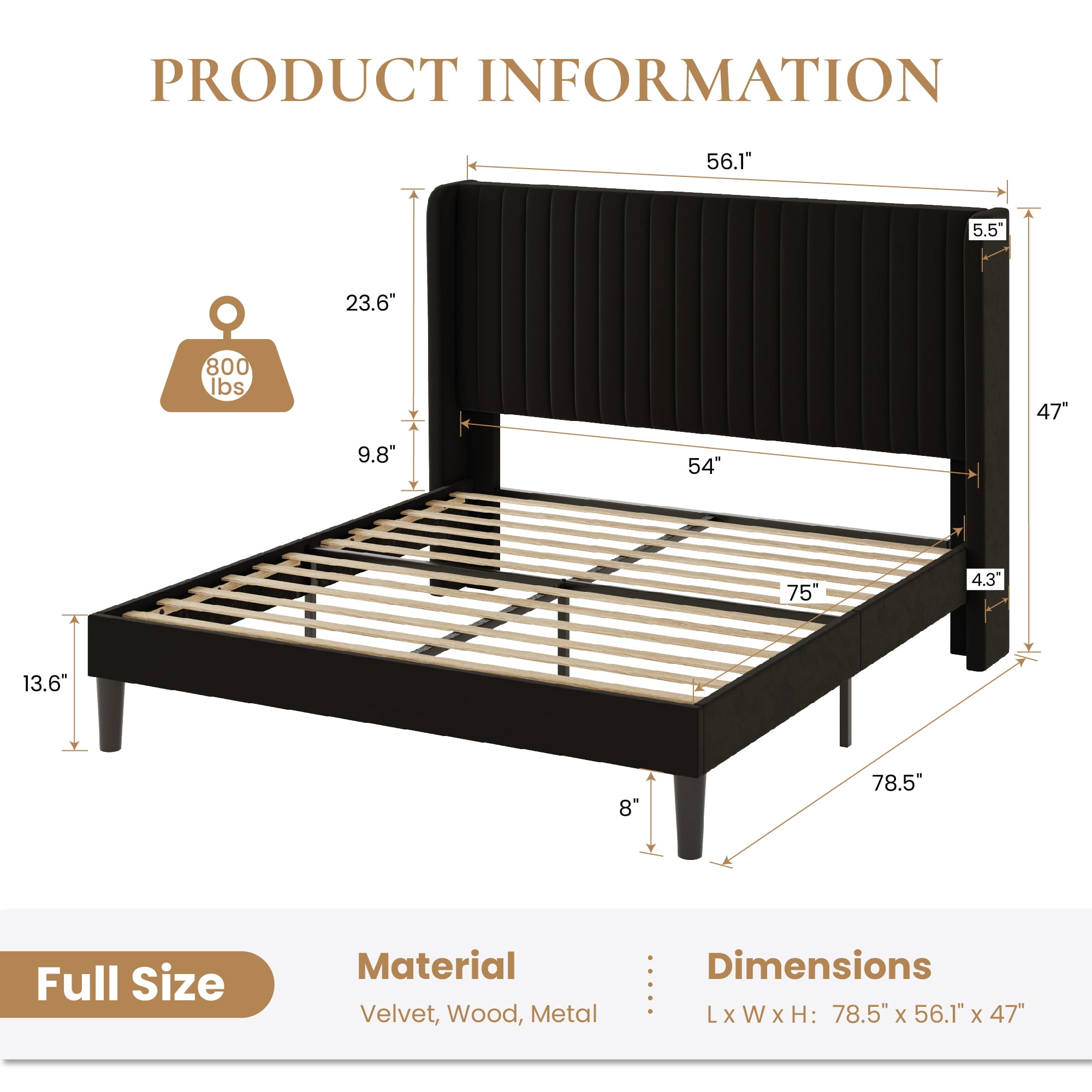 Sha Cerlin Full Size Upholstered Platform Bed Frame with Velvet Channel Wingback Headboard, Black
