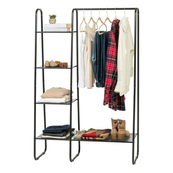 IRIS USA Clothes Rack with 4 Metal Shelves, Freestanding Clothing Racks for Hanging Clothes, Easy to Assemble, Standing Metal Sturdy Garment and Accessories Rack, Small Space Storage Solution, Black