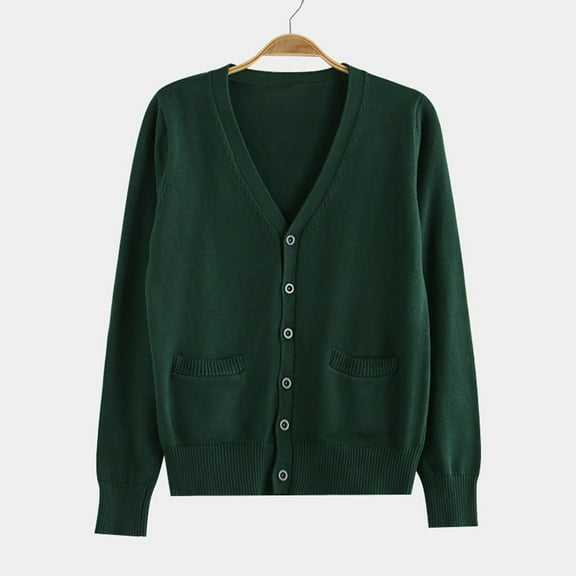 Womens Cardigan Sweaters Long Sleeve Knit V-Neck Button Up Fall Cardigans for Women Open Front Dark Green Cardigan Winter Essentials