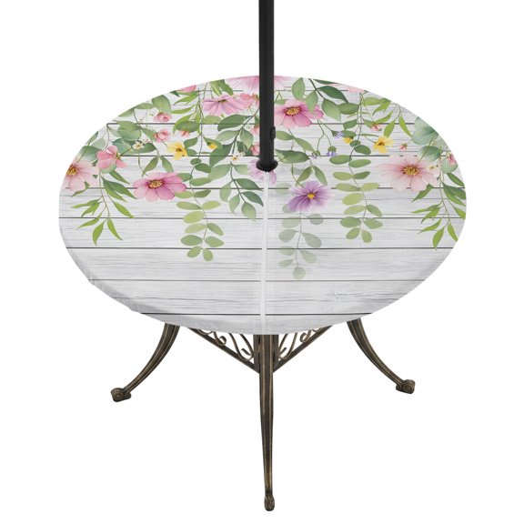 Round Outdoor Tablecloth with Umbrella Hole and Zipper, Colorful Flowers Tablecloth with Elastic Waterproof, Spring Leaves Floral Botanical Wood Grain Patio Table Covers for 31" - 35" Pool Tables