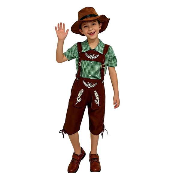 PLHWHYQ 3 Pcs Boys Oktoberfest Bavarian Set, Short Sleeve Shirt, Suspender Lederhosen Pants & Hat, Kids German Festival Outfit for Themed Party Green-1 11-14 Years