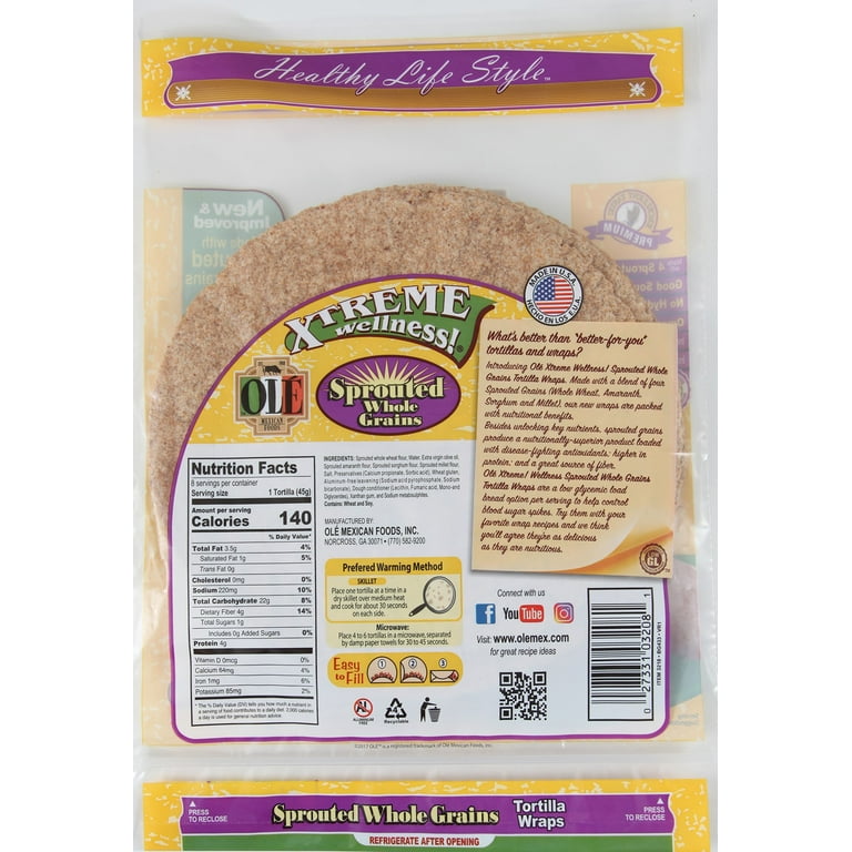 Olé Mexican Foods, Xtreme Wellness! High Fiber Carb Lean Tortilla Wraps,  Regular, 8 count, 12.7 oz 