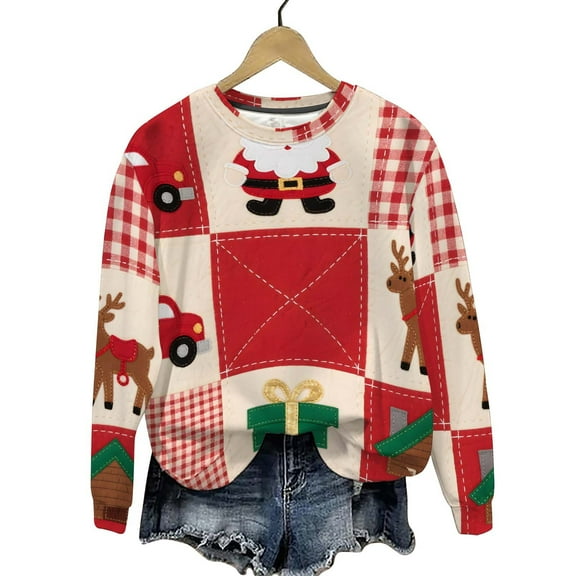 Merry Christmas Sweatshirts Women's Fleece Crewneck Sweaters Fashion Christmas Printed Long Sleeve Blouses Casual Loose Shirts Xmas Holiday Pullover Tops