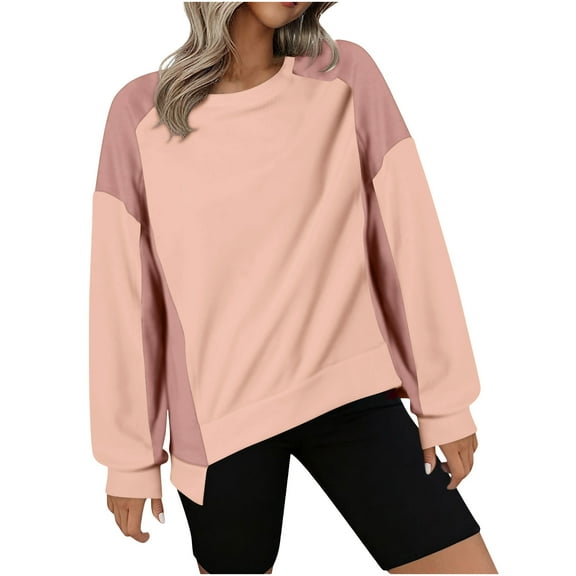 RQYYD Oversized Sweatshirt for Women Color Block Crewneck Long Sleeve Casual High Low Pullover Sweatshirts Tops Irregular Hem Outfits for Women