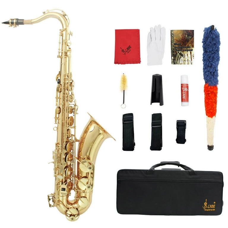 LADE Brass Bb Tenor Saxophone Sax Carved Pattern Pearl White Shell Buttons Wind Instrument