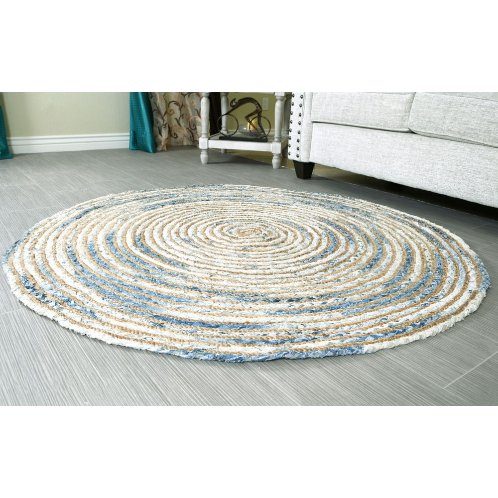 5 ft Blue Round Rug for Living Room Braided Denim & Jute Nonslip Reversible Cotton Chindi