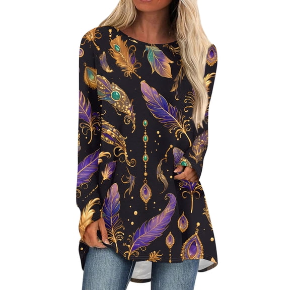 Mardi Gras Shirts for Women Carnival Glitter Crew Neck Graphic Tee Sequins Long Sleeve Holiday T Shirts Black L