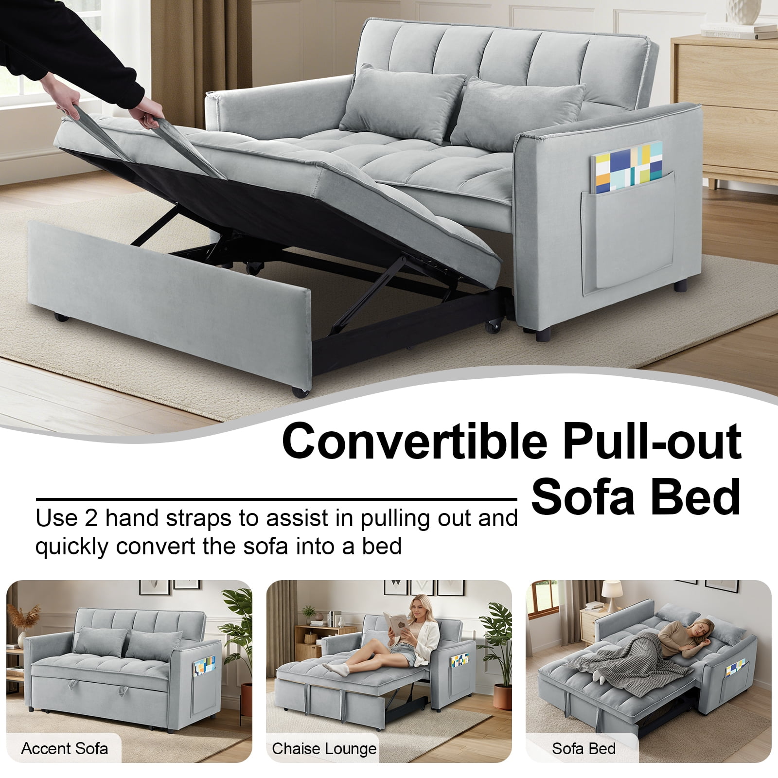 Howcool 55" 3-in-1 Convertible Sleeper Sofa Bed, Pull Out Loveseat, Velvet Adjustable Backrest Couch with Storage Pocket, Small Space Apartment Sofa for Living Room Bedroom，Light grey