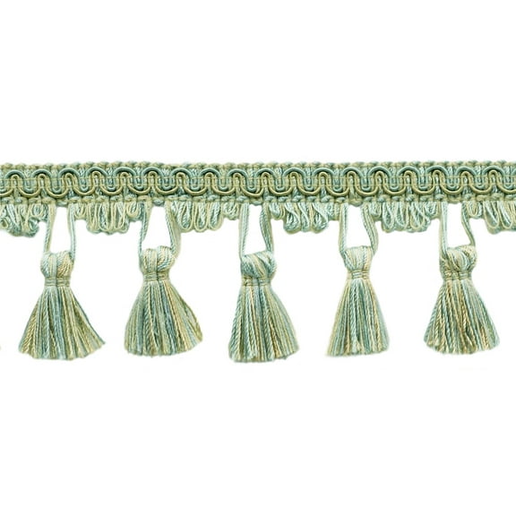 2 1/2" (6cm) Dainty Scroll Gimp with Scalloped Tassel Fringe Trim # TFC025,, Beach Green #PR10 (Light Green, Green Blue, Khaki Beige) Sold By The Yard (36"/3 ft/0.9m)