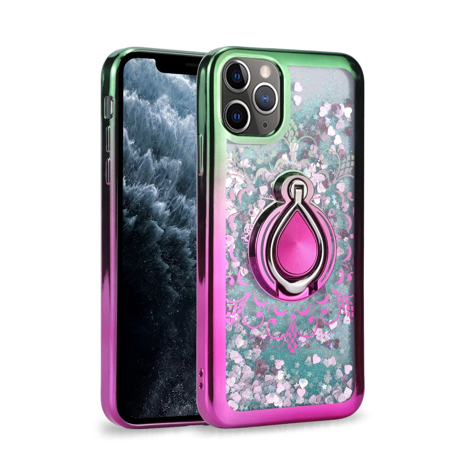 iPhone XR Phone Case, Slim Kickstand Liquid Glitter Dual Colors Stylish for iPhone XR Phone Case Green/Pink