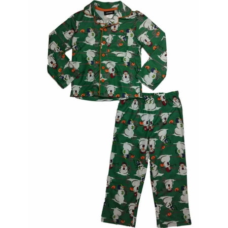 Little Boys Green Football Playing Snowmen Flannel Holliday Pajama Set