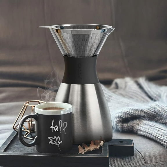Insulated Pour Over Coffee Maker (32 oz.) Double-Wall Vacuum, Stainless-Steel Filter and Take on the Go Carafe (Silver)