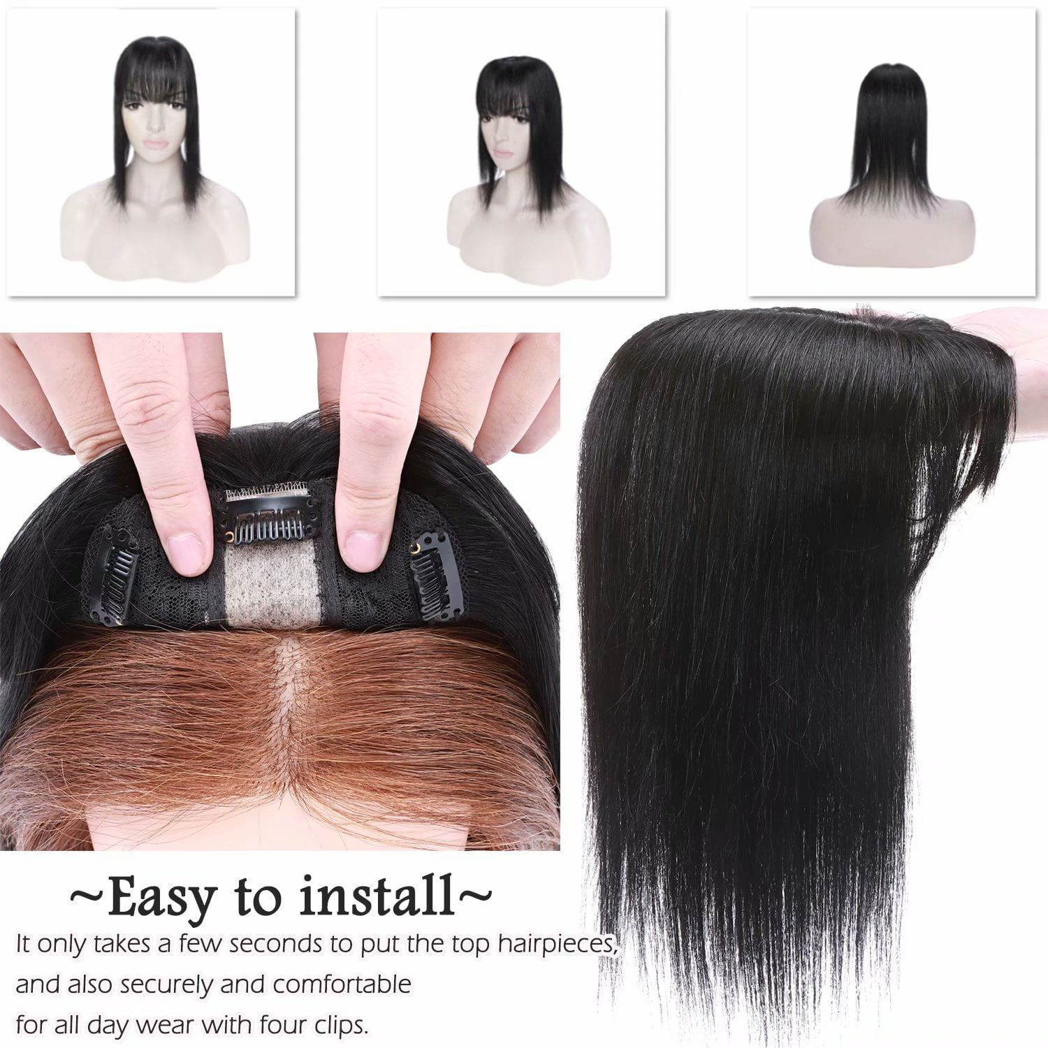 Benehair Women's Hairpieces Silk Base Clip In Topper Toupee Hairpiece With Bangs Hair Loss Black Seamless