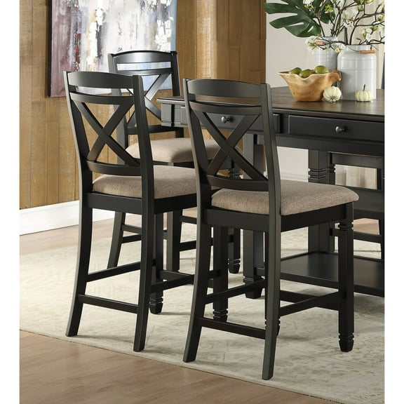 Newboti Furniture Transitional Style Dining Counter Height Chairs Set of 2pc Black Finish Wood Beige Fabric Seat Dining Room Furniture 09966