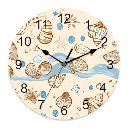 12 Inch Vintage Shell Wall Clock, Brown Conch Starfish Bubble Ocean Waves Battery Operated Silent Non Ticking Clocks, Easy to Read Round Wall Clock for Kitchen/Living Room/Bedroom/Bathroom